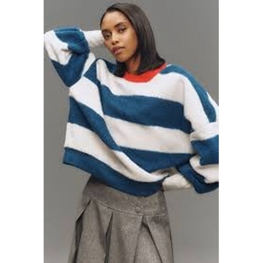 Anthropologie Maeve Cotton Sherpa Fleece Stripe Sweater sz small